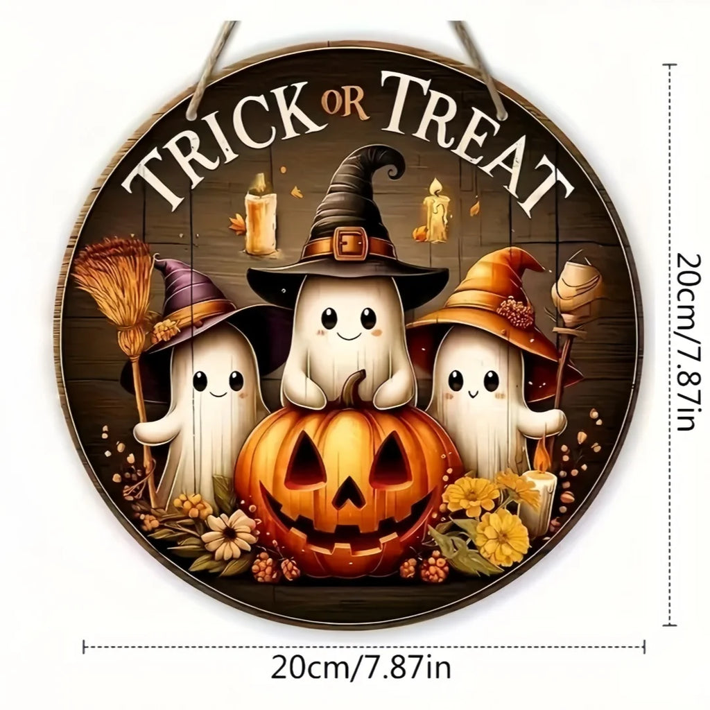 Halloween Round Wooden Signage — Ghost, Pumpkin & Witch Hat Decor
