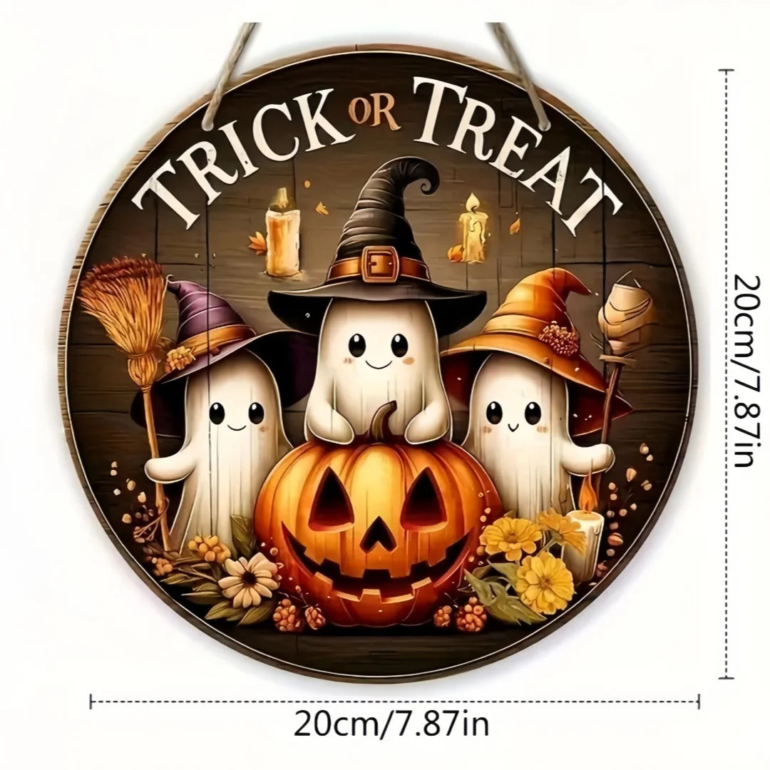 Halloween Round Wooden Signage — Ghost, Pumpkin & Witch Hat Decor