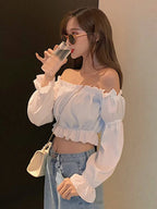 Women's Off-Shoulder Puff Sleeve Blouse – Ruffle Crop Top in Black & White
