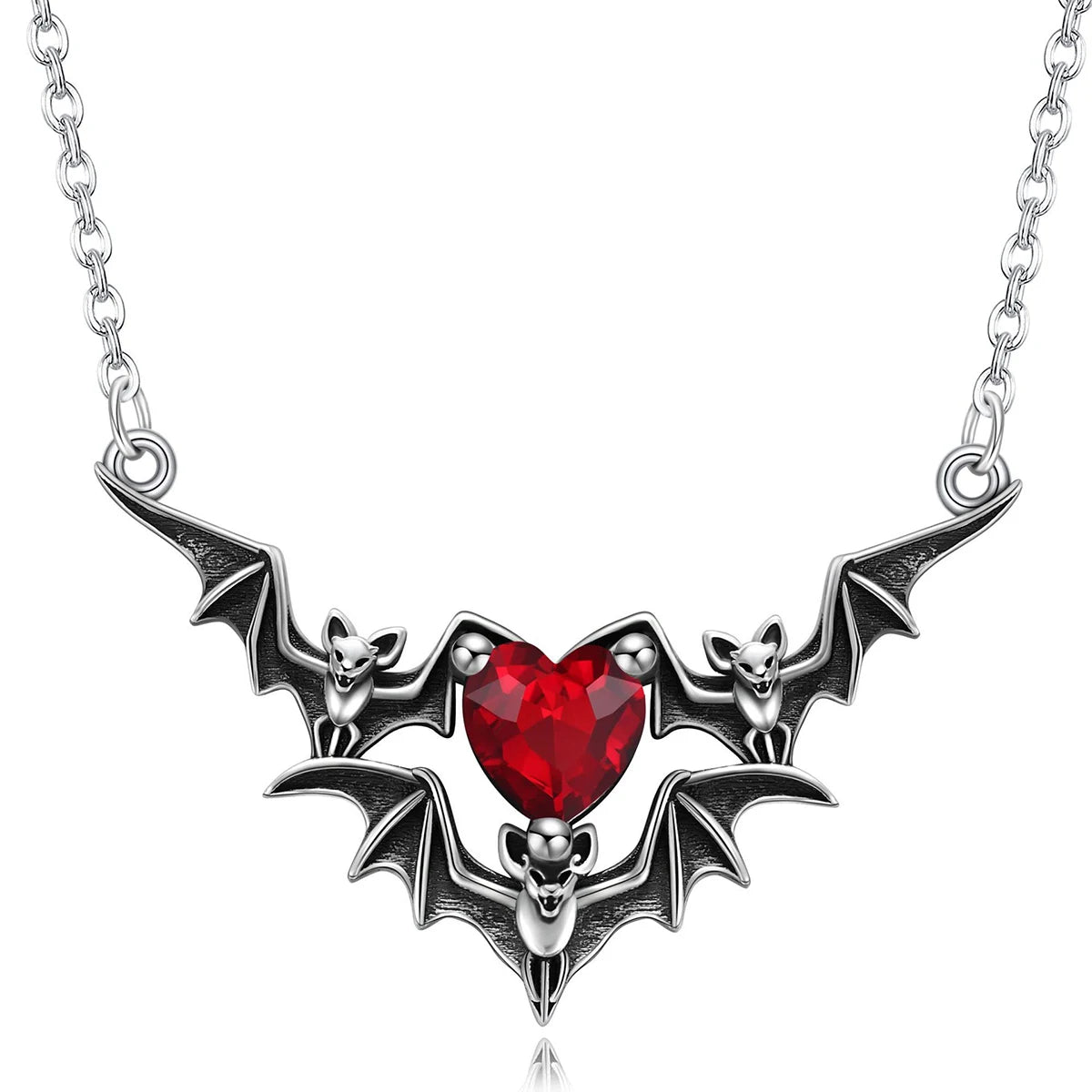 Gothic Punk Bat Wings & Heart Resin Pendant Necklace — Dark Fantasy Rhinestone Jewellery for Women