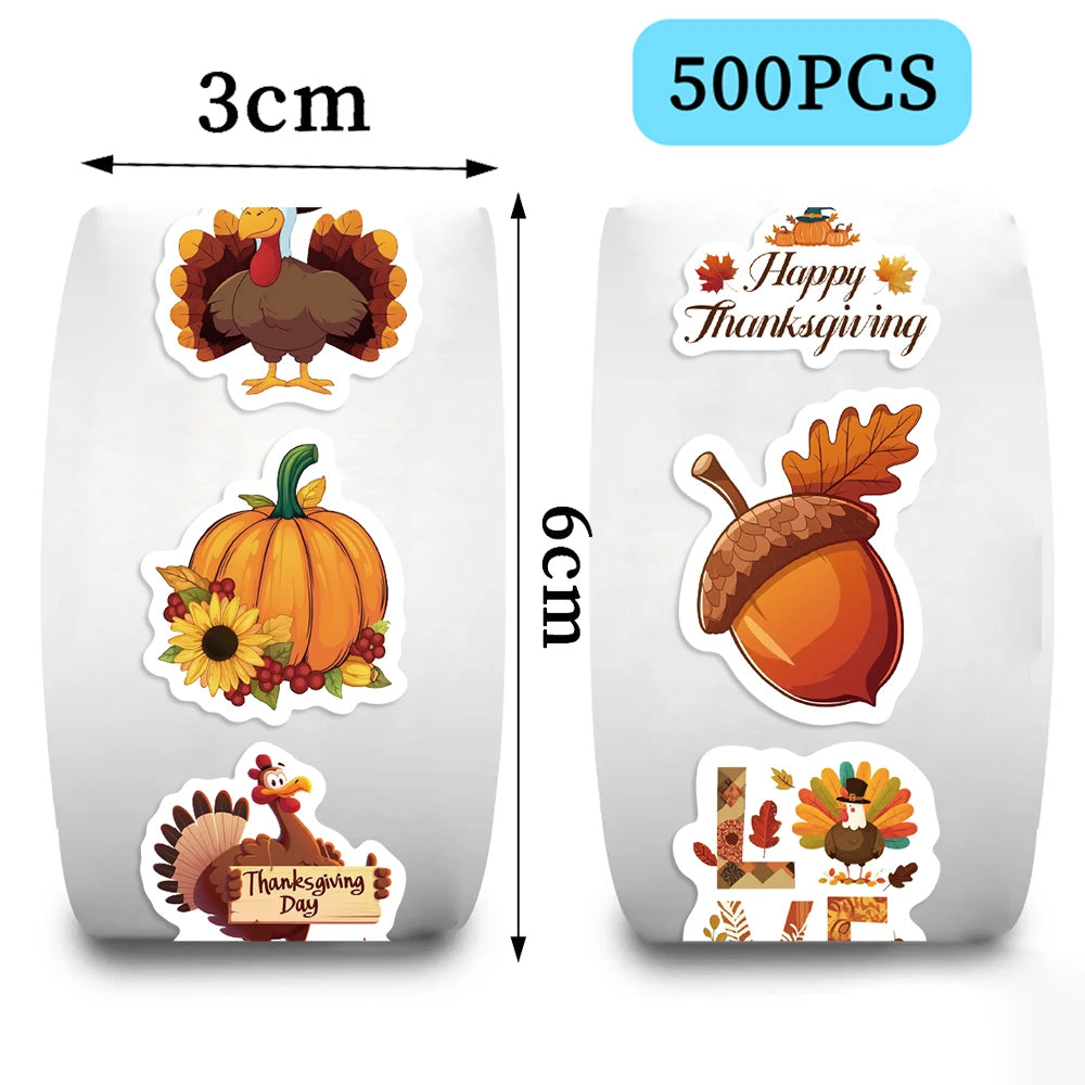 500-Piece Thanksgiving Sticker Roll – Turkey, Pumpkin & Fall Harvest