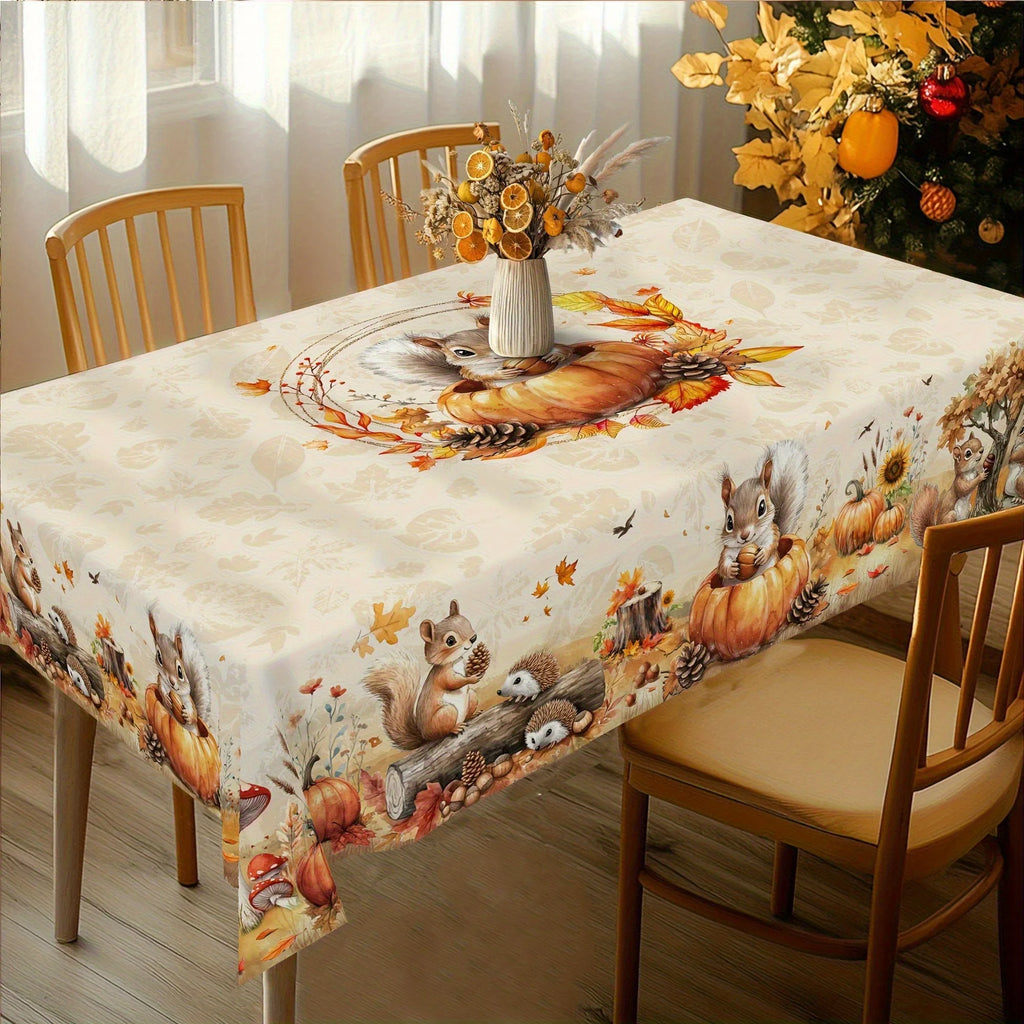 Autumn Harvest Farmhouse Tablecloth – Squirrel & Pumpkin Print