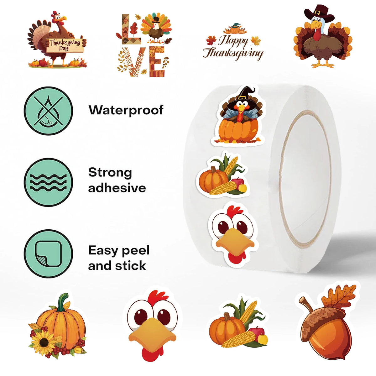 500-Piece Thanksgiving Sticker Roll – Turkey, Pumpkin & Fall Harvest