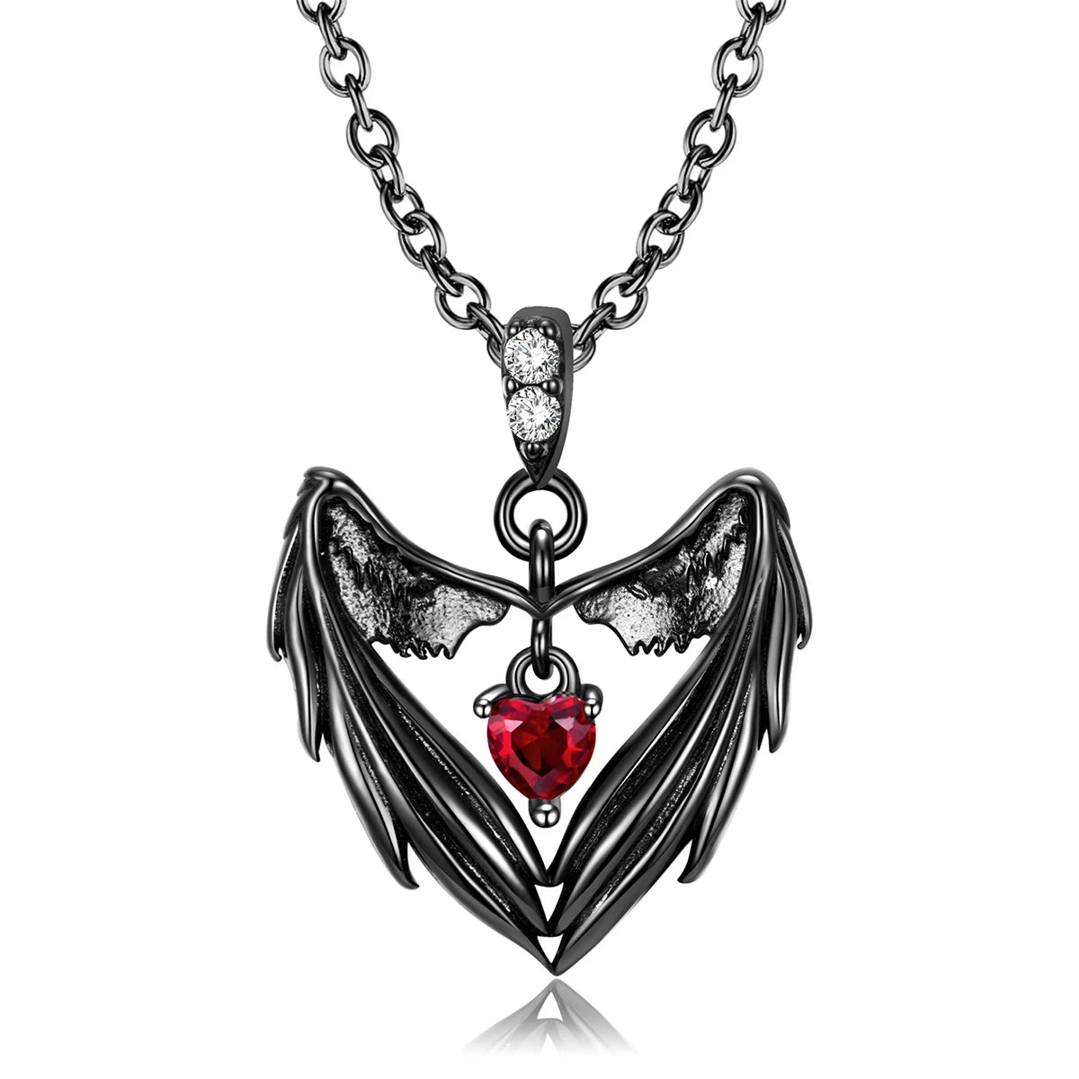 Gothic Punk Bat Wings & Heart Resin Pendant Necklace — Dark Fantasy Rhinestone Jewellery for Women