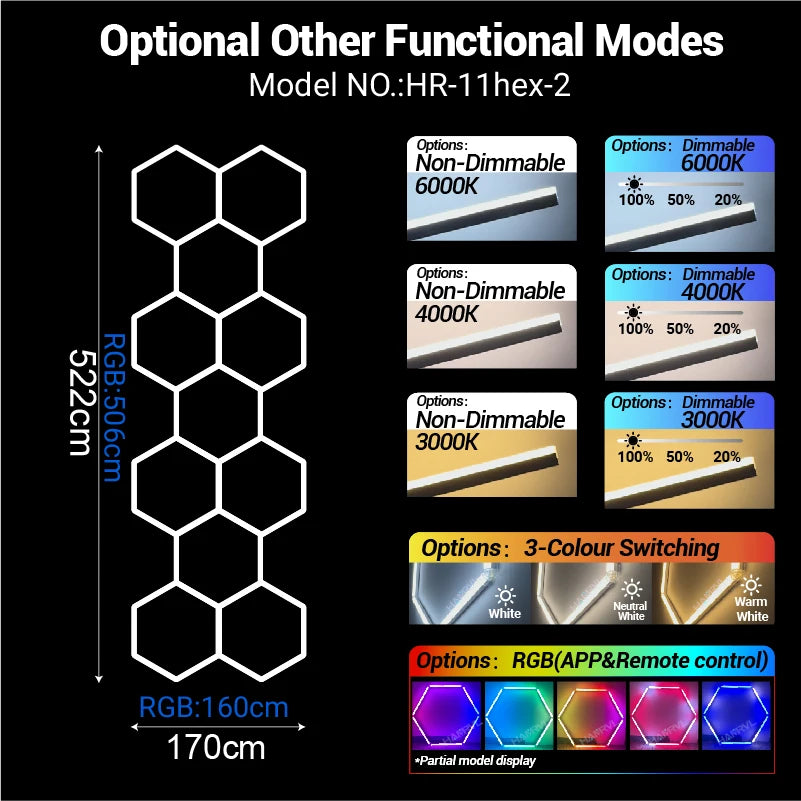 Dimmable Hexagon LED Ceiling Lights – RGB & Multi-Color, Garage/Gym/Gaming