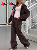 Women's Hooded Zip Tracksuit – Cotton 2-Piece Set with Wide-Leg Pants