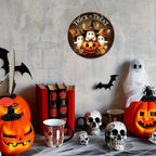 Halloween Round Wooden Signage — Ghost, Pumpkin & Witch Hat Decor