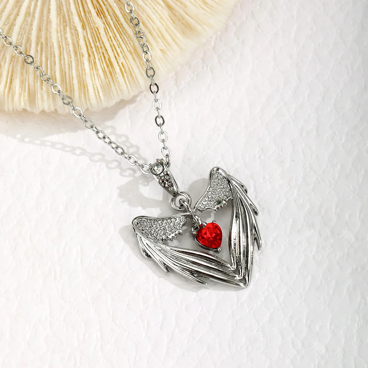 Gothic Punk Bat Wings & Heart Resin Pendant Necklace — Dark Fantasy Rhinestone Jewellery for Women