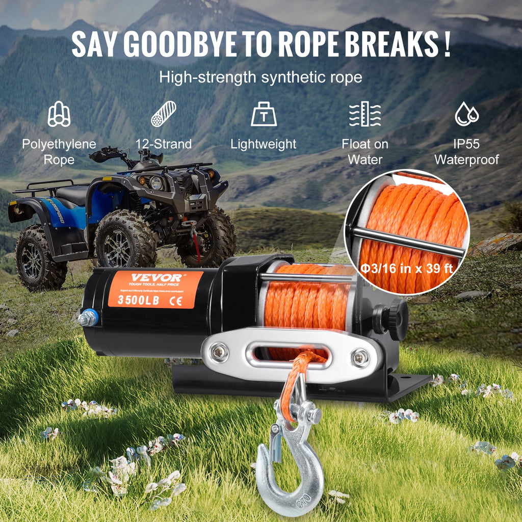 SucceBuy 3500lbs Electric Winch ATV/UTV Wired Car Winch with 39 ft Synthetic Rope Aluminum IP55 Waterproof for Towing Boat Truck