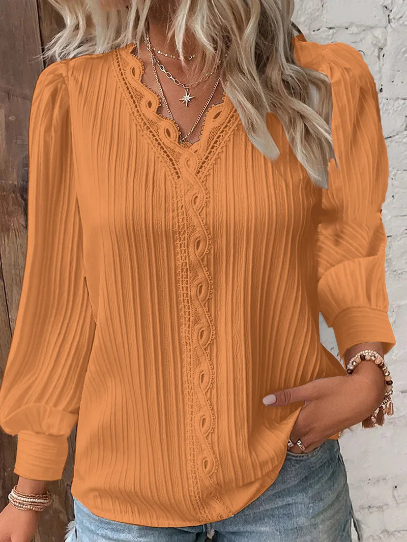 Women's Hollow Lace Patchwork Blouse – Elegant V-Neck Long Sleeve Top