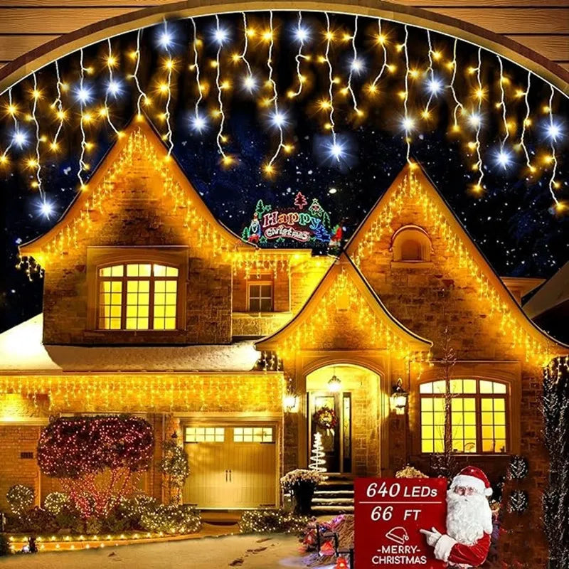 LED Icicle Curtain Lights – Warm White + Cool White Twinkling Outdoor Christmas Festoon Lights