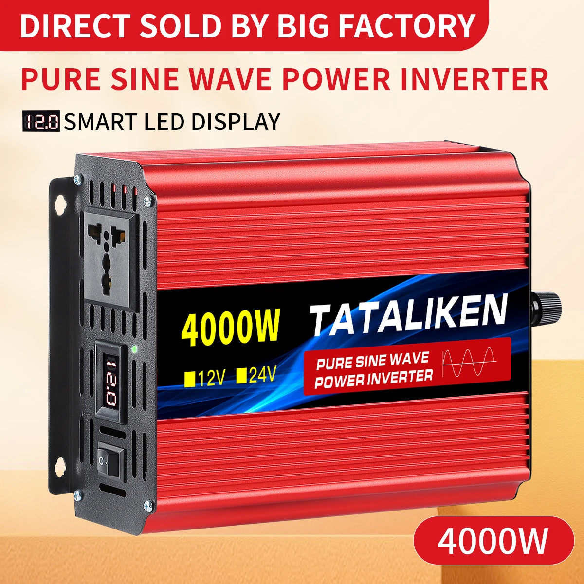 Pure Sine Wave Power Inverter – DC 12V/24V to AC 220V, 1000W–6000W