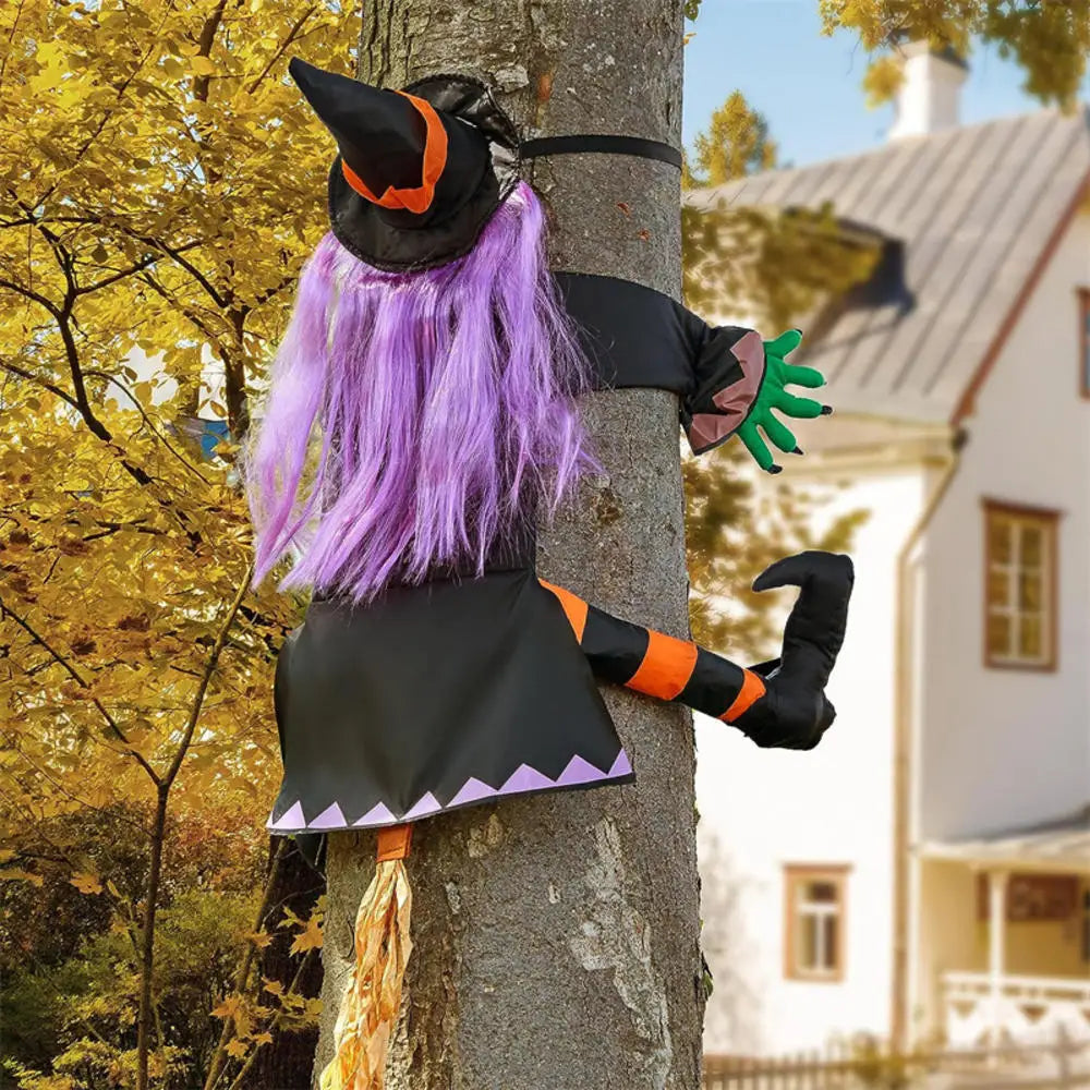 Halloween Crashing Witch Into Tree Outdoor Decoration