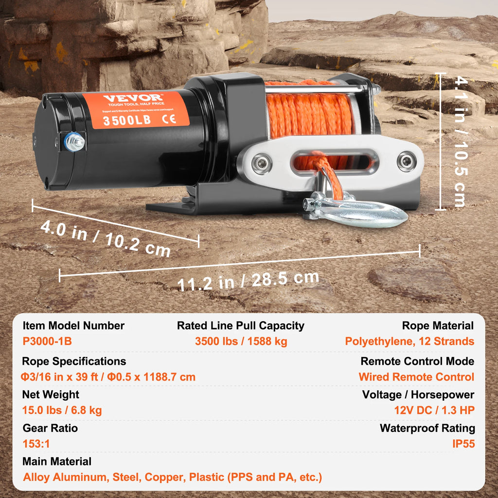 SucceBuy 3500lbs Electric Winch ATV/UTV Wired Car Winch with 39 ft Synthetic Rope Aluminum IP55 Waterproof for Towing Boat Truck