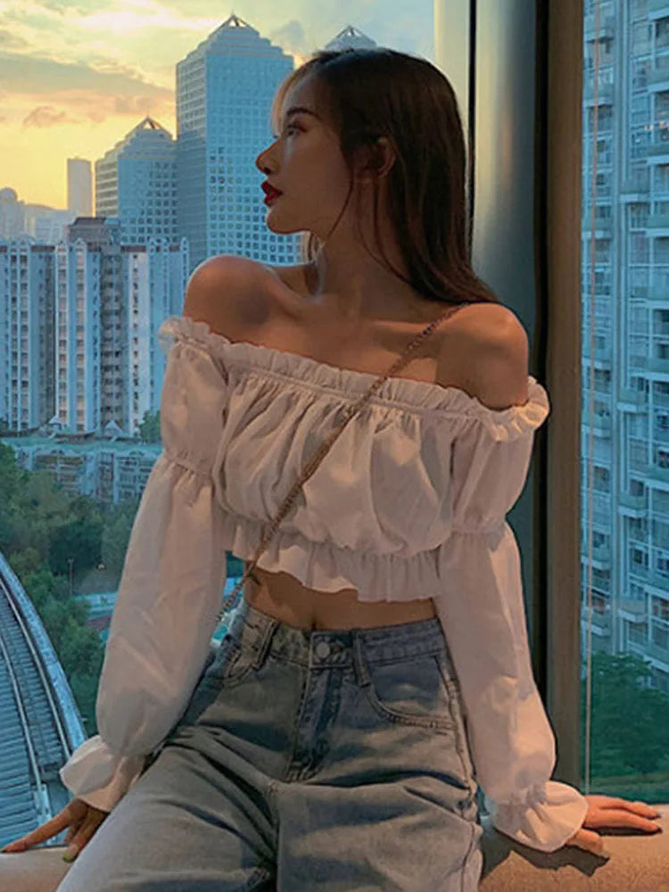 Women's Off-Shoulder Puff Sleeve Blouse – Ruffle Crop Top in Black & White