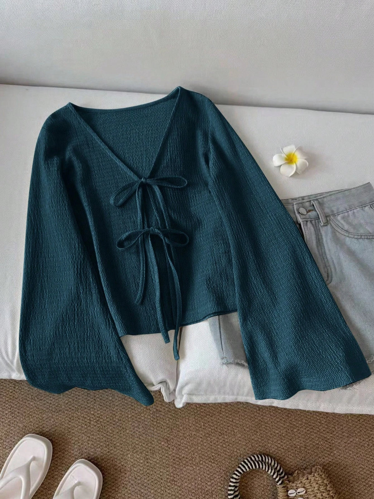 Women's Tie-Front Flare Sleeve Blouse – V-Neck Knit Cottagecore Top