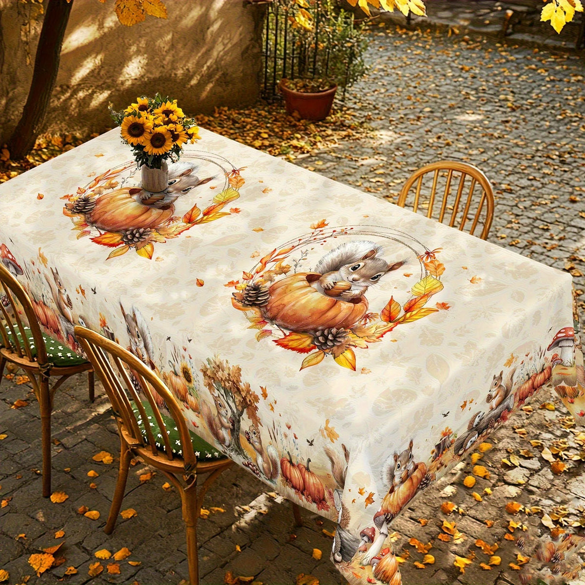 Autumn Harvest Farmhouse Tablecloth – Squirrel & Pumpkin Print