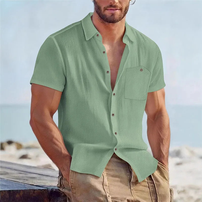 Men's Linen Blend Short Sleeve Button Down Shirt