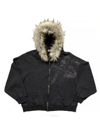 Women's Y2K Graphic Hoodie – Harajuku Faux Fur Collar Pullover in Black & Gray