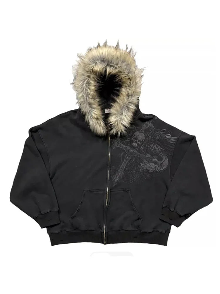 Women's Y2K Graphic Hoodie – Harajuku Faux Fur Collar Pullover in Black & Gray