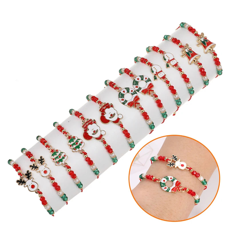 Christmas Beaded Bracelet Set – Santa, Elk & Bell Charm Bracelets for Women & Girls