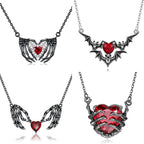 Gothic Punk Bat Wings & Heart Resin Pendant Necklace — Dark Fantasy Rhinestone Jewellery for Women