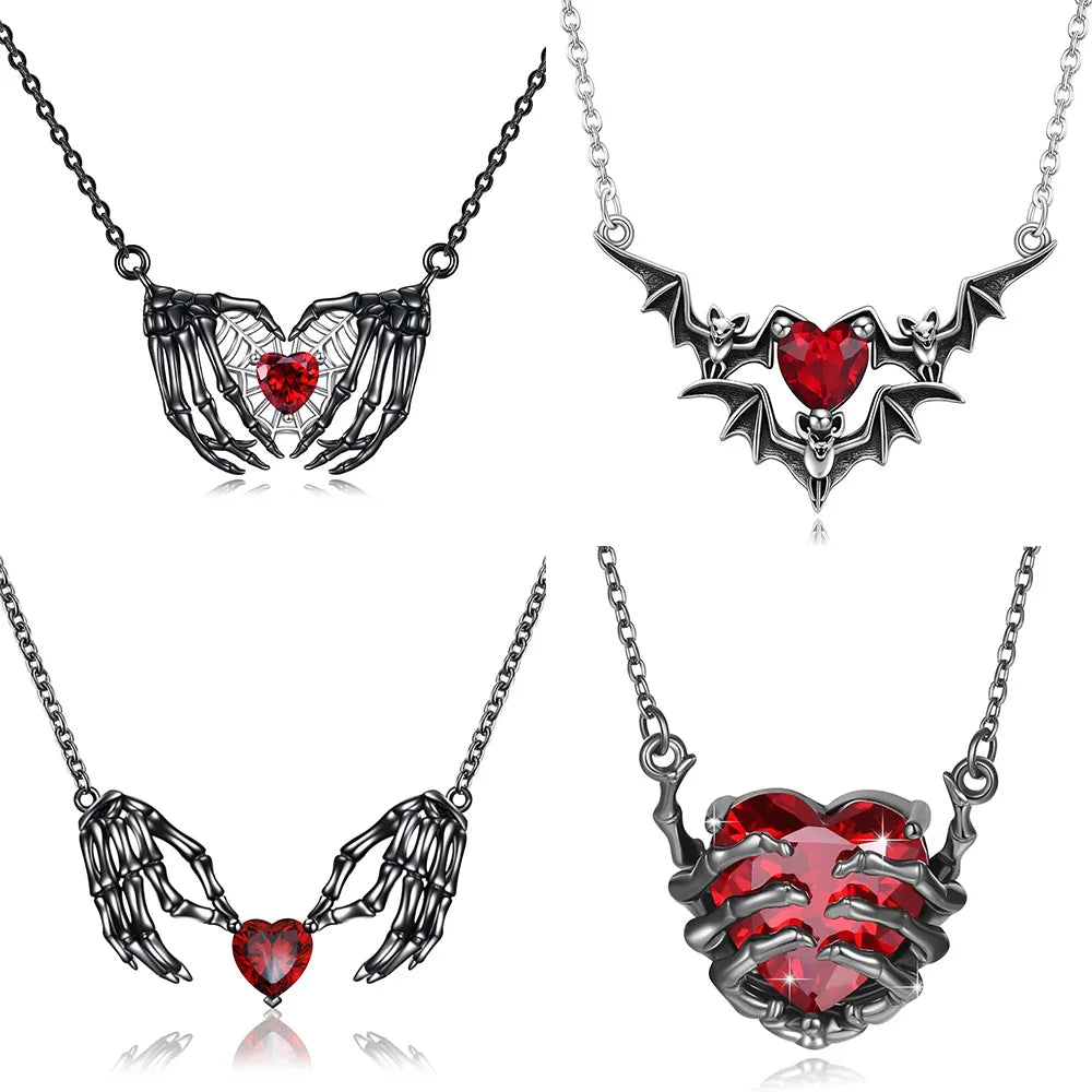 Gothic Punk Bat Wings & Heart Resin Pendant Necklace — Dark Fantasy Rhinestone Jewellery for Women