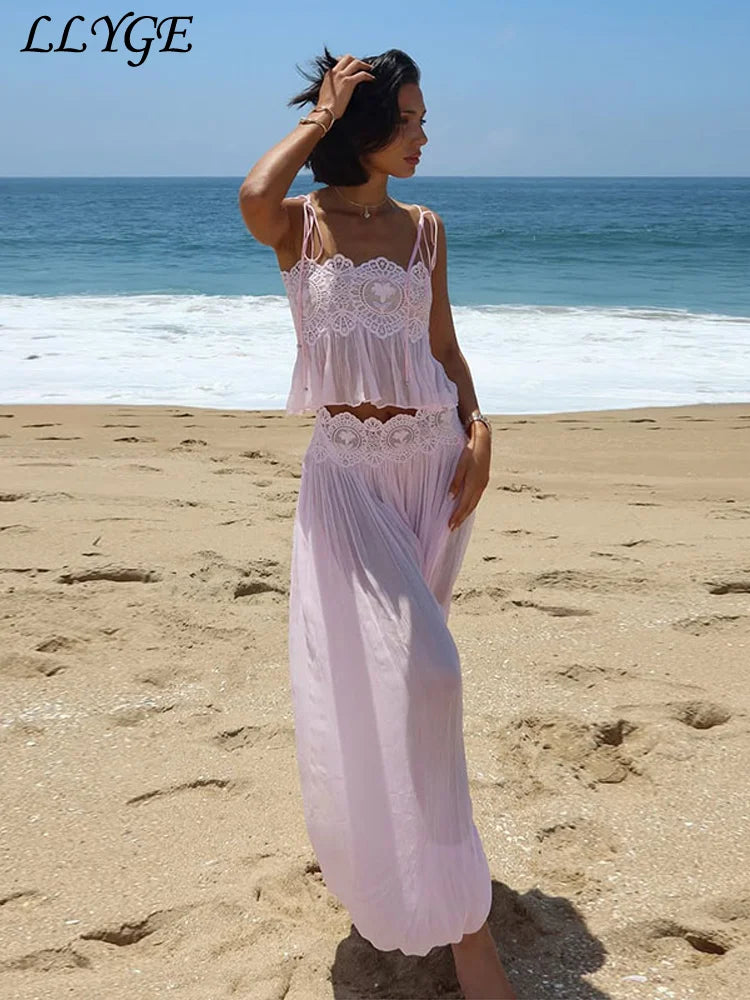 Women's Lace Hollow Out 2-Piece Set – Spaghetti Strap Crop Top & Harem Pants