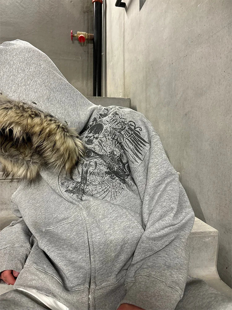 Women's Y2K Graphic Hoodie – Harajuku Faux Fur Collar Pullover in Black & Gray