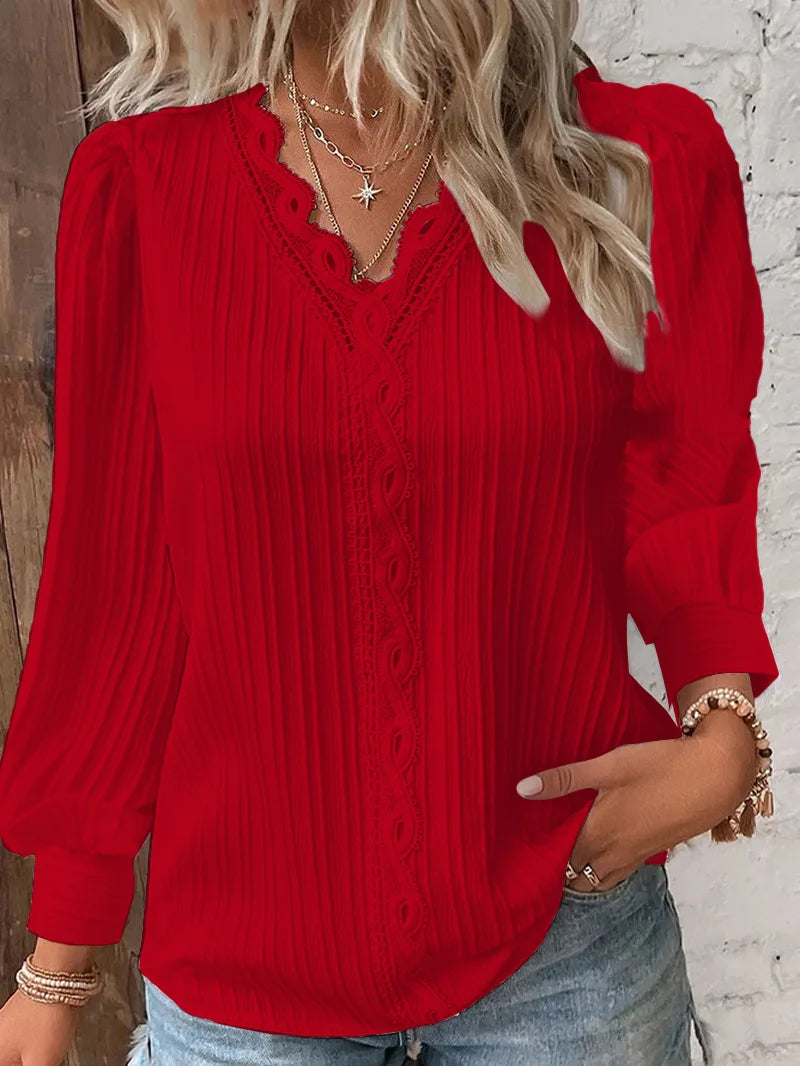 Women's Hollow Lace Patchwork Blouse – Elegant V-Neck Long Sleeve Top