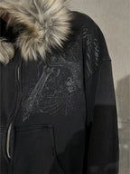 Women's Y2K Graphic Hoodie – Harajuku Faux Fur Collar Pullover in Black & Gray