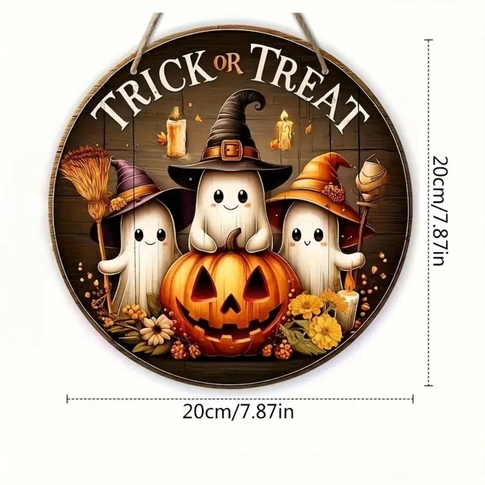 Halloween Round Wooden Signage — Ghost, Pumpkin & Witch Hat Decor