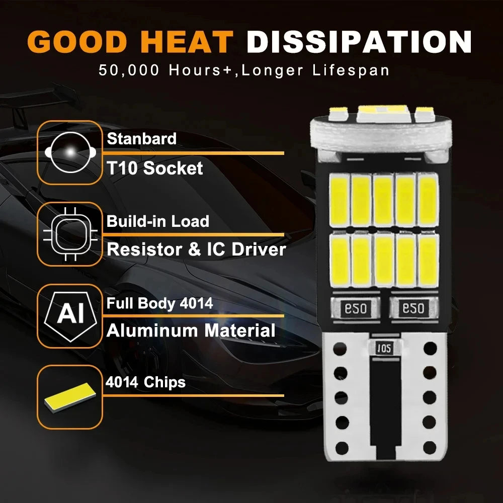 T10 W5W CANBUS LED Bulbs – 6000K White Interior & License Plate Lights (10-Pack)