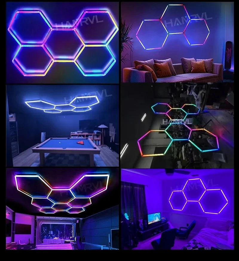 Dimmable Hexagon LED Ceiling Lights – RGB & Multi-Color, Garage/Gym/Gaming