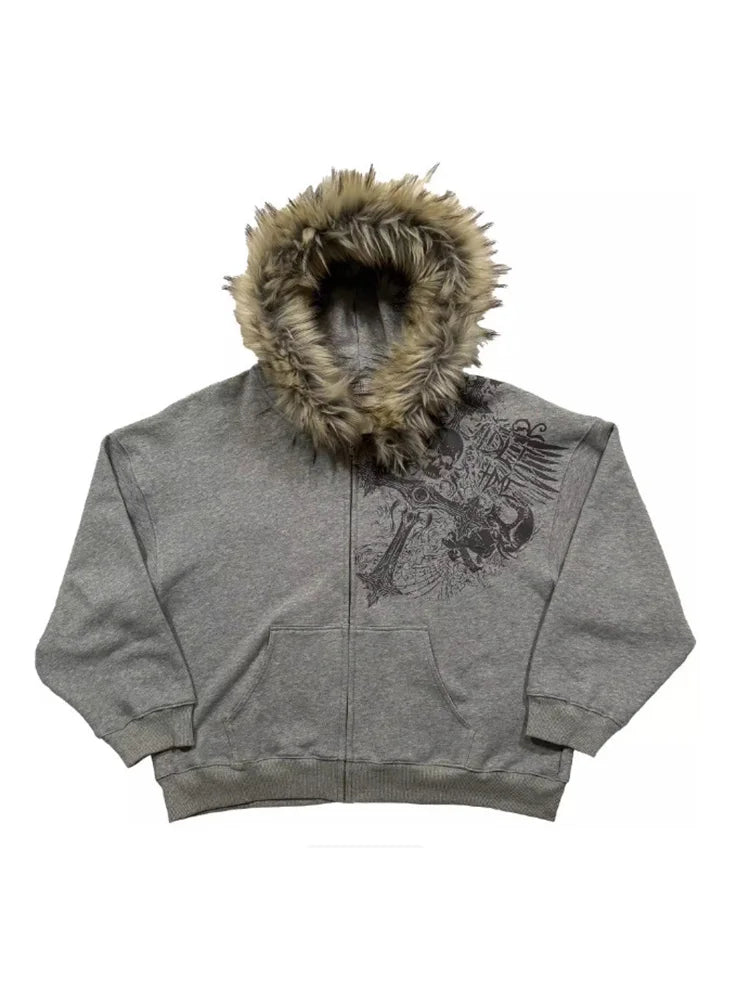 Women's Y2K Graphic Hoodie – Harajuku Faux Fur Collar Pullover in Black & Gray