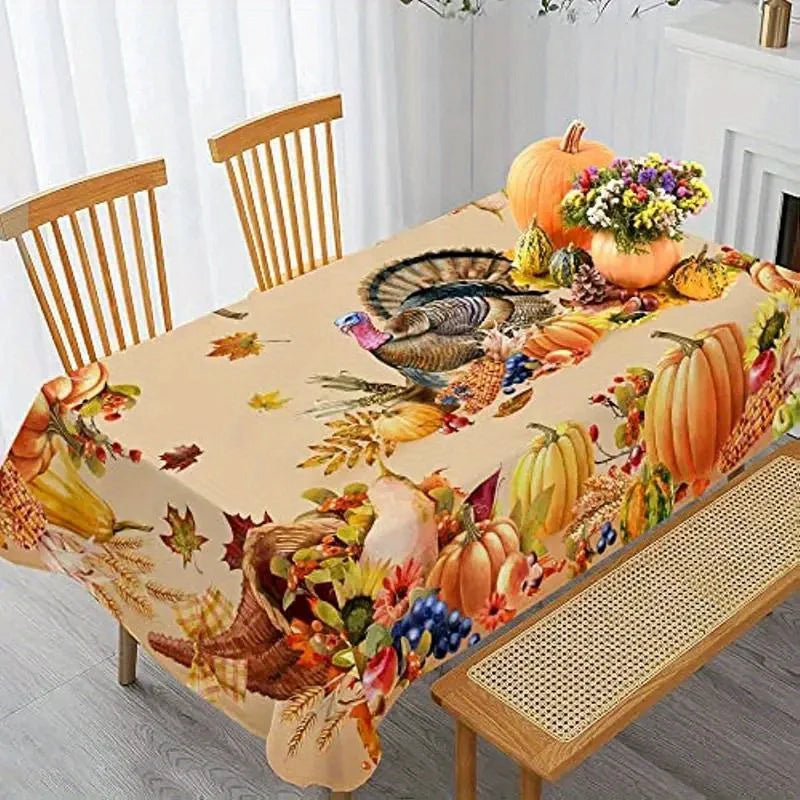 Thanksgiving Turkey & Pumpkin Tablecloth – Fall Harvest Dining Table Cover