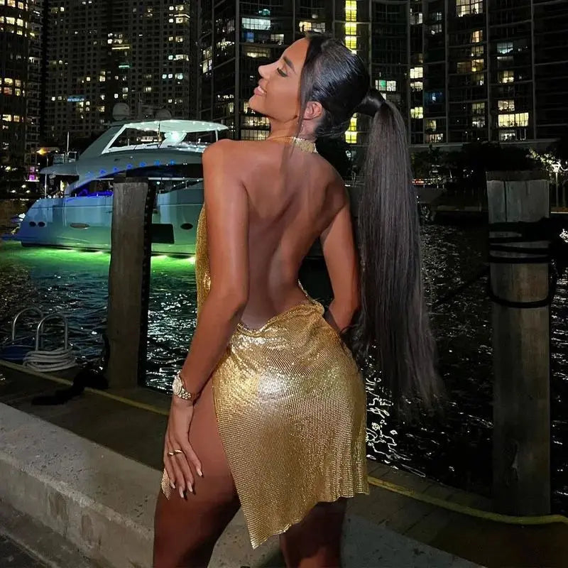 Sequin Halter Slit Mini Dress – Backless Party & Dance Skirt
