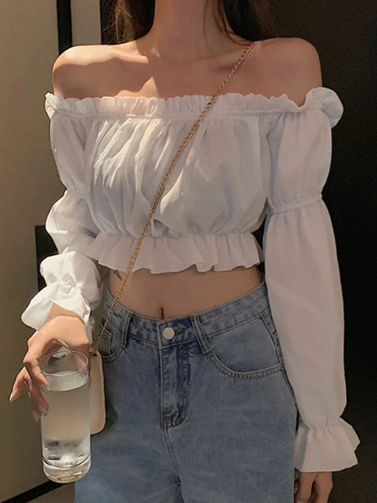 Women's Off-Shoulder Puff Sleeve Blouse – Ruffle Crop Top in Black & White