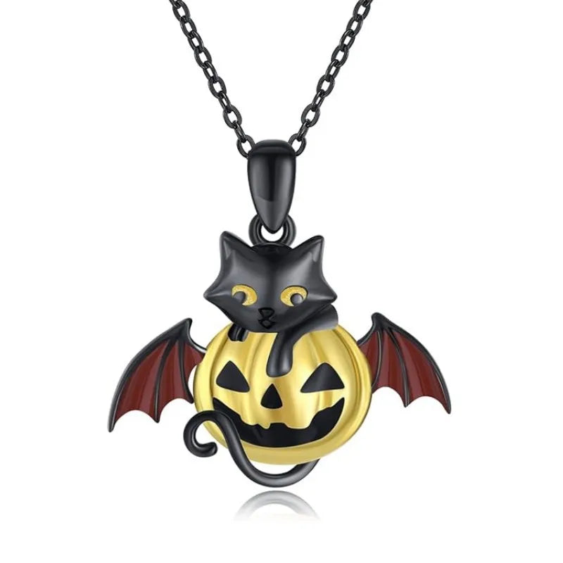 Gothic Punk Bat Wings & Heart Resin Pendant Necklace — Dark Fantasy Rhinestone Jewellery for Women