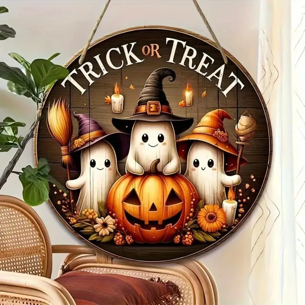 Halloween Round Wooden Signage — Ghost, Pumpkin & Witch Hat Decor