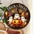 Halloween Round Wooden Signage — Ghost, Pumpkin & Witch Hat Decor