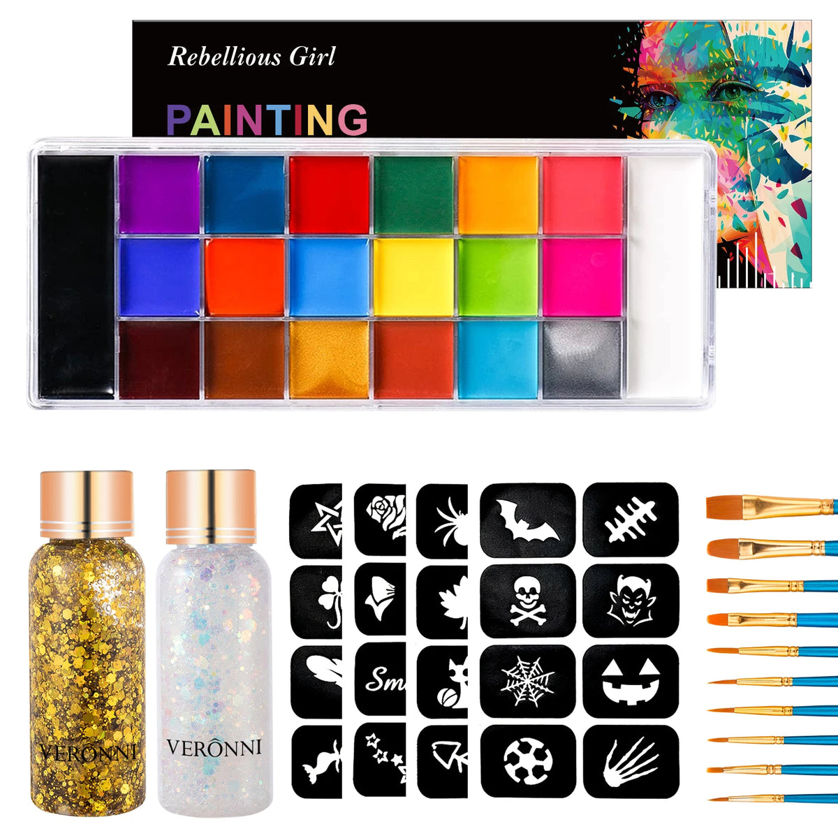 VERONNI 20-Color Face & Body Paint Palette — SFX Oil Makeup Kit with Brushes