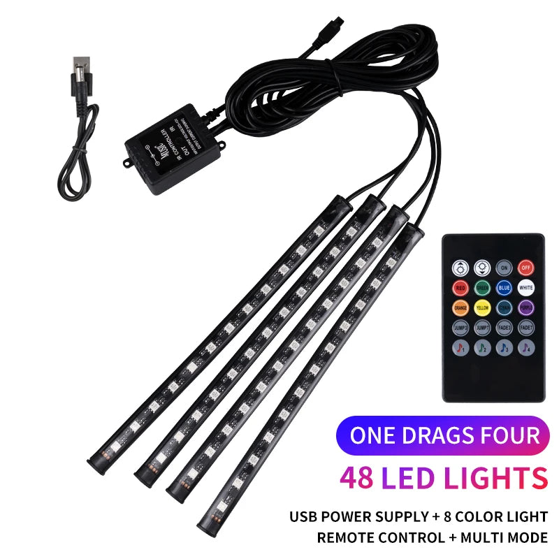 RGB Car Interior Ambient Foot Strip Lights – App & Remote Control LED Kit
