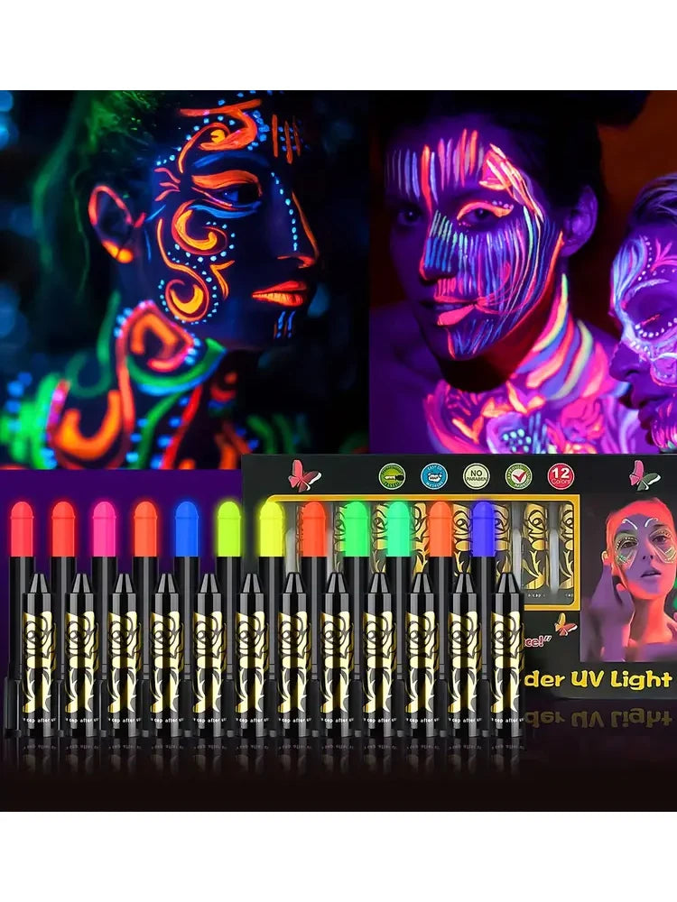 VERONNI UV Neon Glow Face Paint Crayon Sticks — Blacklight Body Paint for Halloween, Mardi Gras & Parties