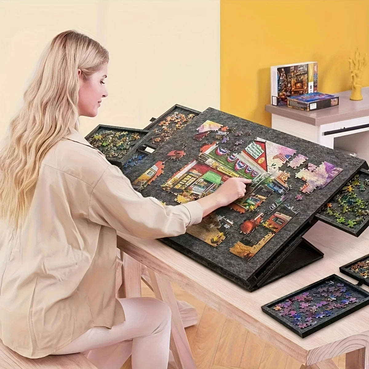 6-in-1 Portable Puzzle Table – 1500 Piece Felt Board with Stand, Lid & 6 Sorting Drawers