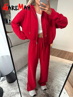 Women's Hooded Zip Tracksuit – Cotton 2-Piece Set with Wide-Leg Pants