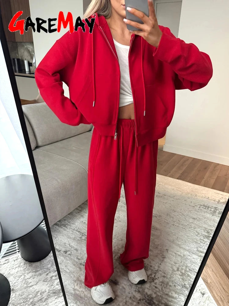 Women's Hooded Zip Tracksuit – Cotton 2-Piece Set with Wide-Leg Pants