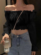 Women's Off-Shoulder Puff Sleeve Blouse – Ruffle Crop Top in Black & White