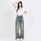 American Retro High-Waist Wide-Leg Hole-Punched Jeans for Women