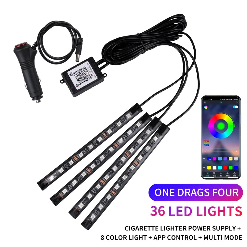 RGB Car Interior Ambient Foot Strip Lights – App & Remote Control LED Kit